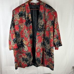 Vintage Fashion Star Jacket Womens Petite Small Red Paisley Kimono 80s 90s